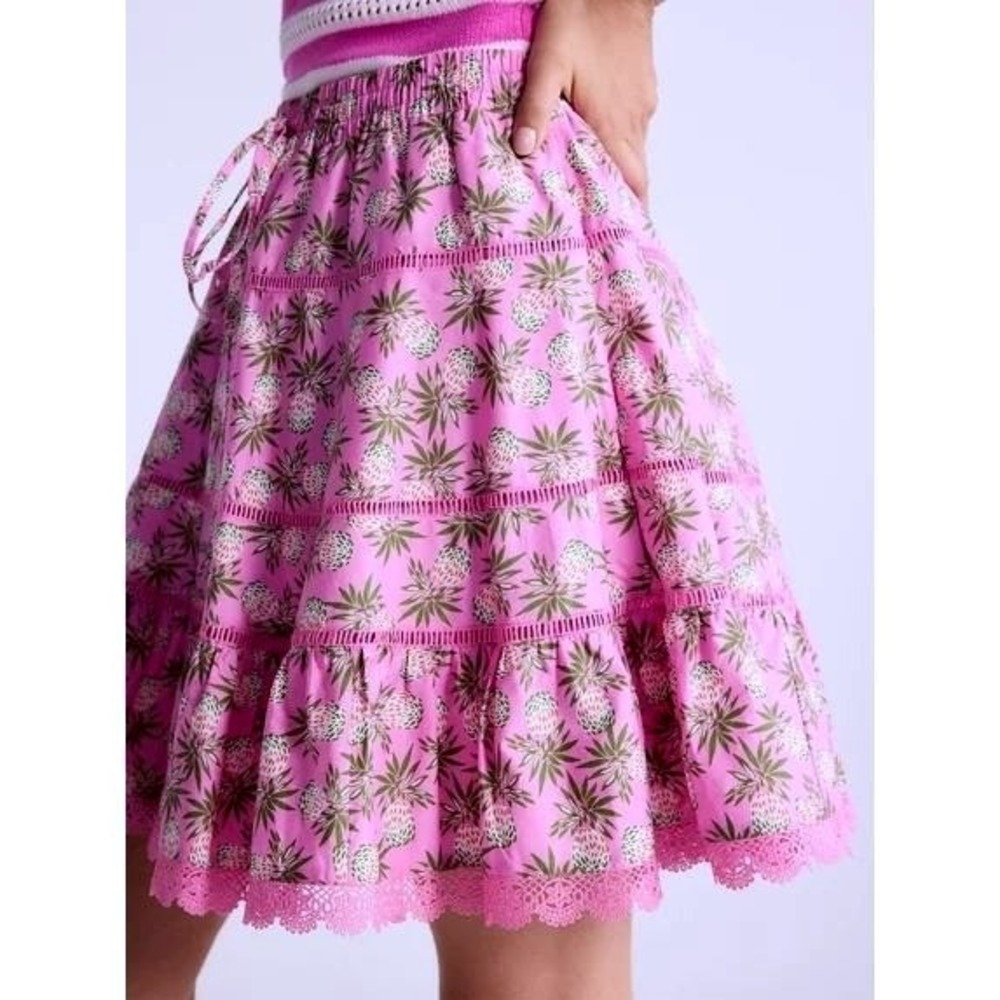 FREE ASSEMBLY Pineapple Print Tiered Cotton Mini Skirt Size L Pink Lace Trim NWT